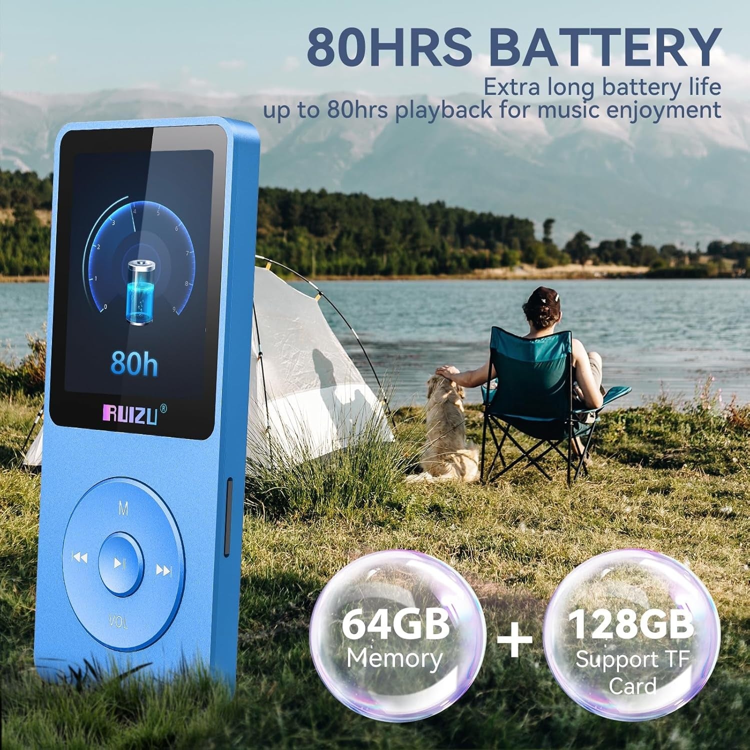 64GB MP3 Player Bluetooth 5.3 80H Battery 1.8" Screen TF 128GB