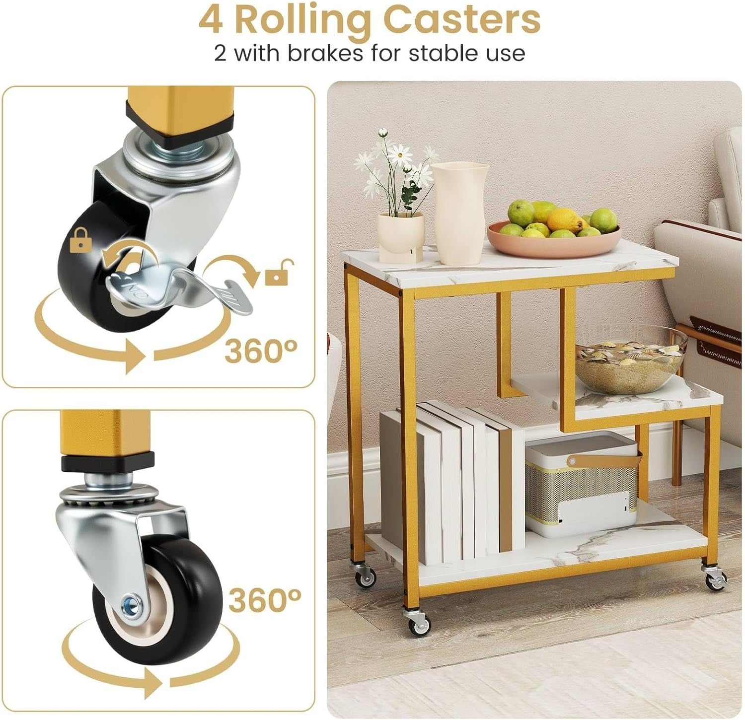 White Gold G-Shaped Sofa Side Table with Wheels | 3-Tier End Table Storage