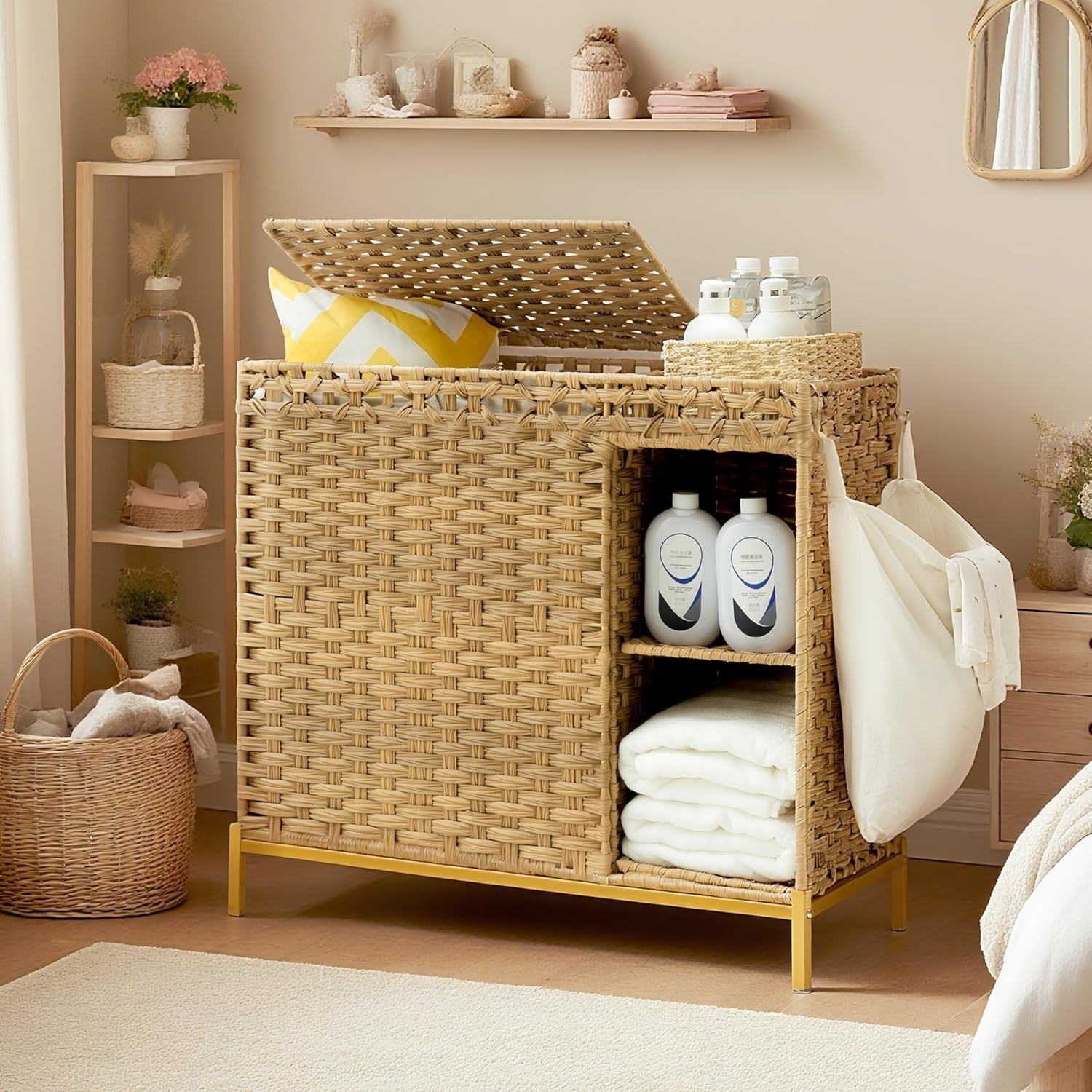 110L Rattan Laundry Hamper with Lid 3 Bags Storage Shelf Wicker Organizer Unit