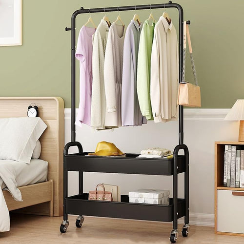 Heavy Duty Clothes Rack 2 Tier Shelves Metal Rail with Wheels Black