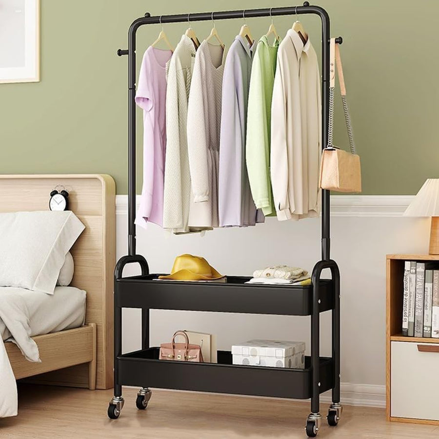 Heavy Duty Clothes Rack 2 Tier Shelves Metal Rail with Wheels Black