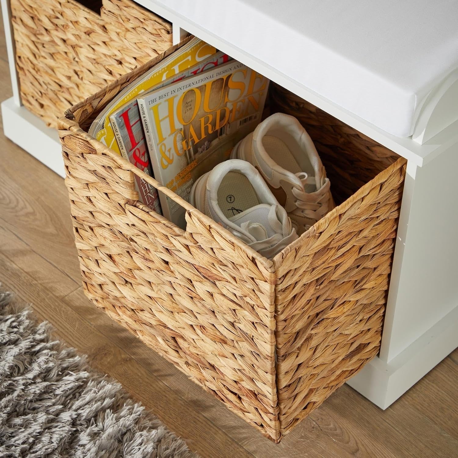 White Shoe Bench with Cushion & 2 Basket Drawers Hallway Storage 75x40x46cm