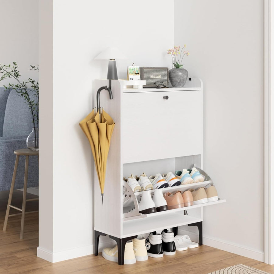 Shoe Cabinet 2 Flip Drawers Adjustable Dividers Sturdy Compact Hallway Storage