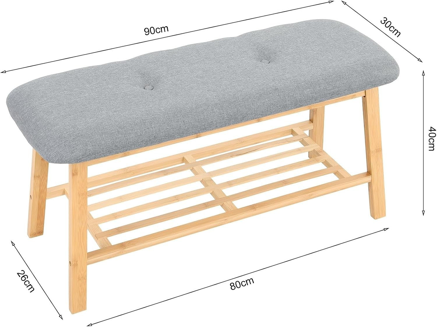 Bamboo Shoe Rack Bench with Padded Linen Seat Grey – Entryway Storage
