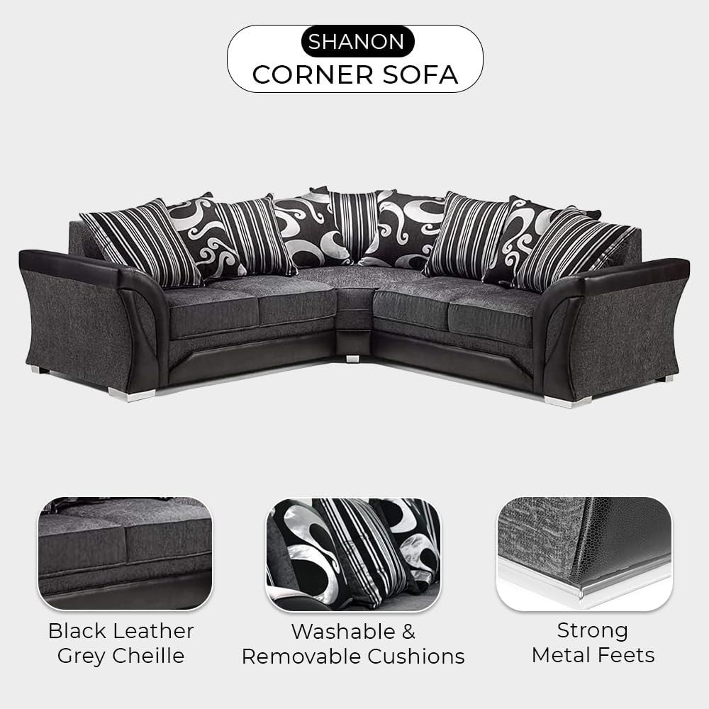 5 Seater Corner Sofa Grey Chenille & Black Faux Leather – L Shape, Washable