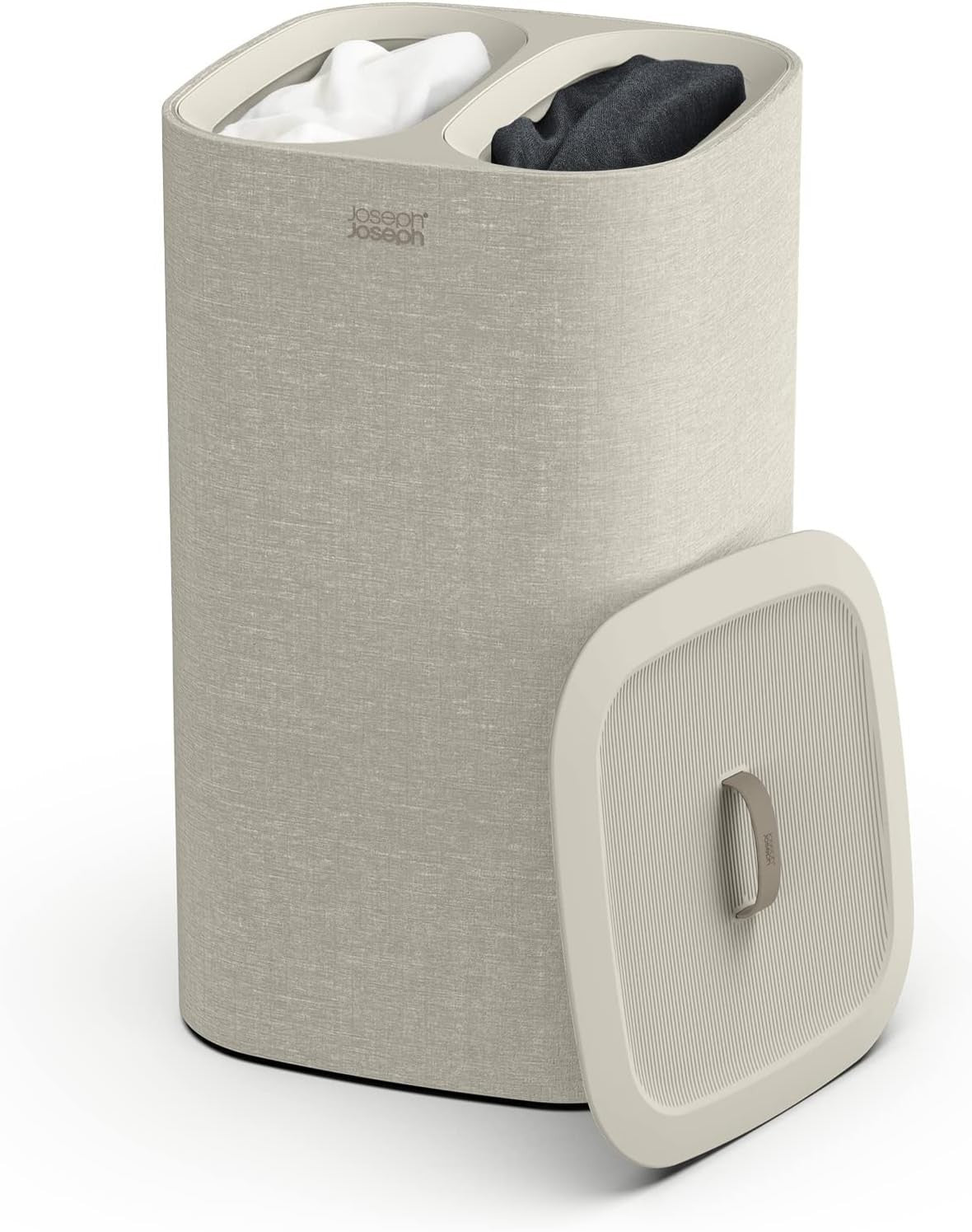 60L Dual Laundry Basket with Lid Removable Washing Bags Modern Ecru Fabric