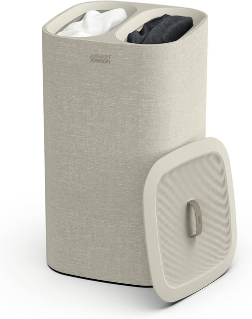 60L Dual Laundry Basket with Lid Removable Washing Bags Modern Ecru Fabric