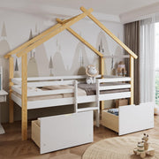 Kids Wooden Bed Frame 3ft Single 90x190cm w/ Guardrail Roof Design & Storage
