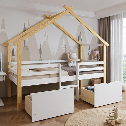 Kids Wooden Bed Frame 3ft Single 90x190cm w/ Guardrail Roof Design & Storage
