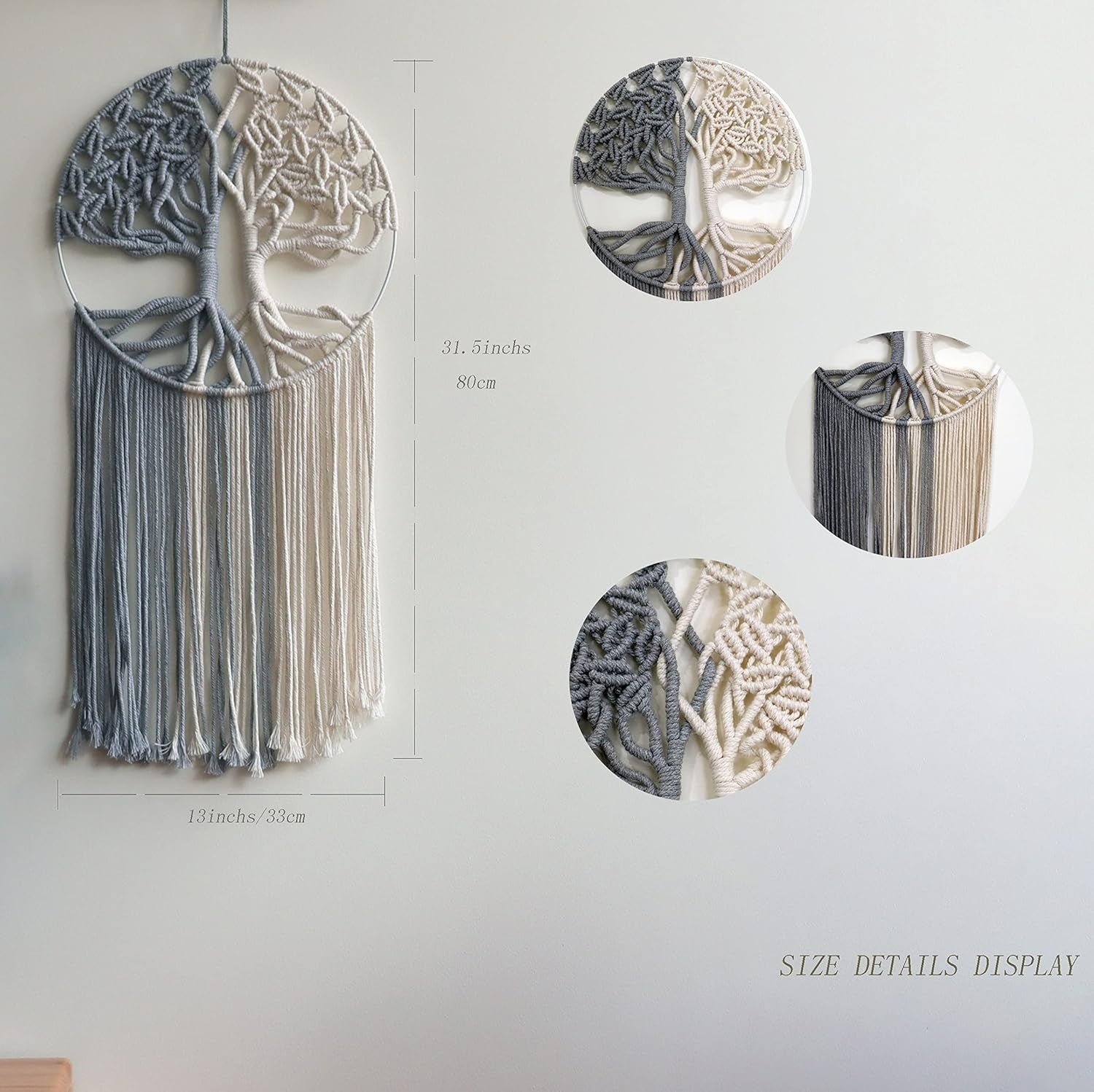 Tree of Life Macrame Wall Hanging 13"x32" Boho Home Decor Grey