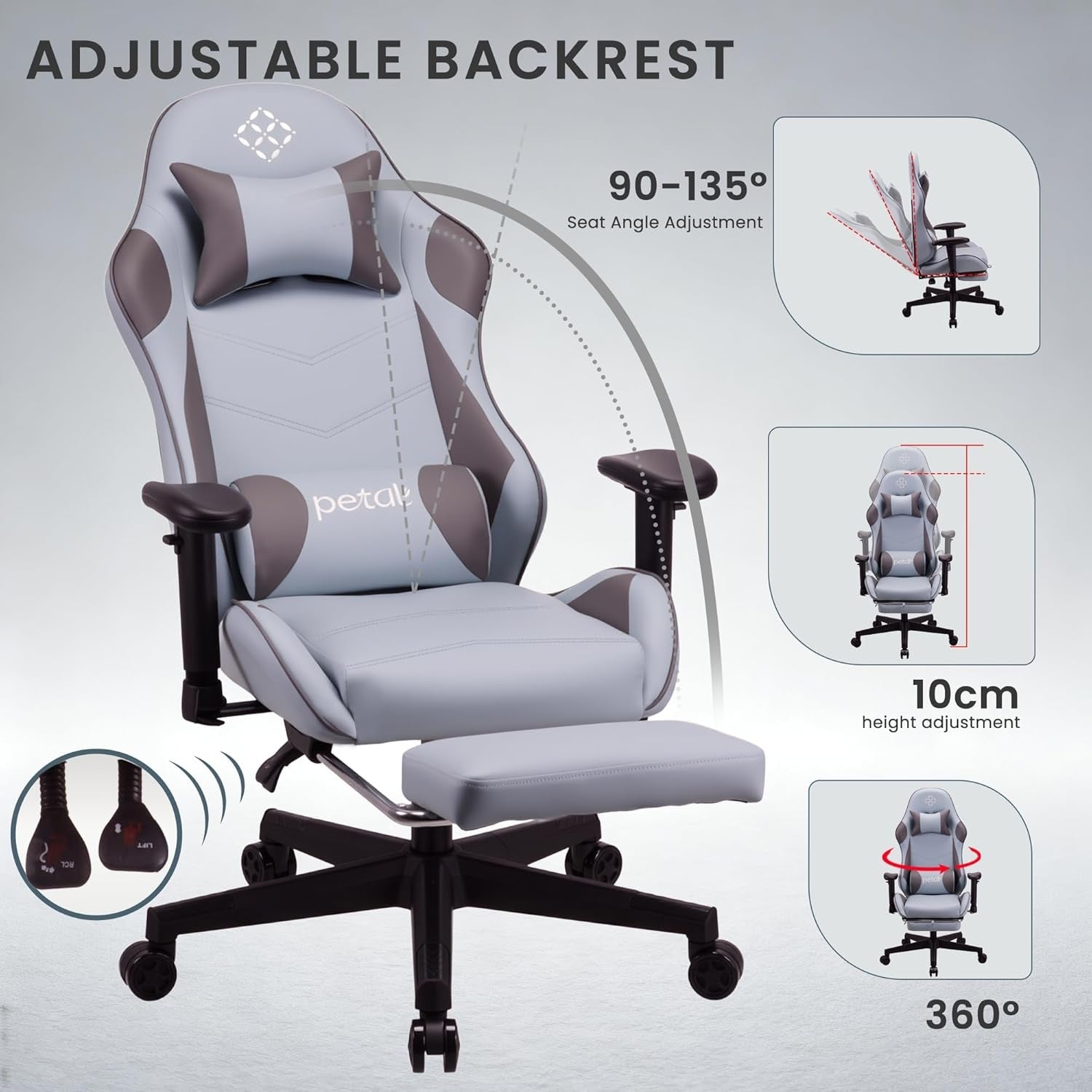Ergonomic Gaming Chair Recliner w Footrest Lumbar Support Blue
