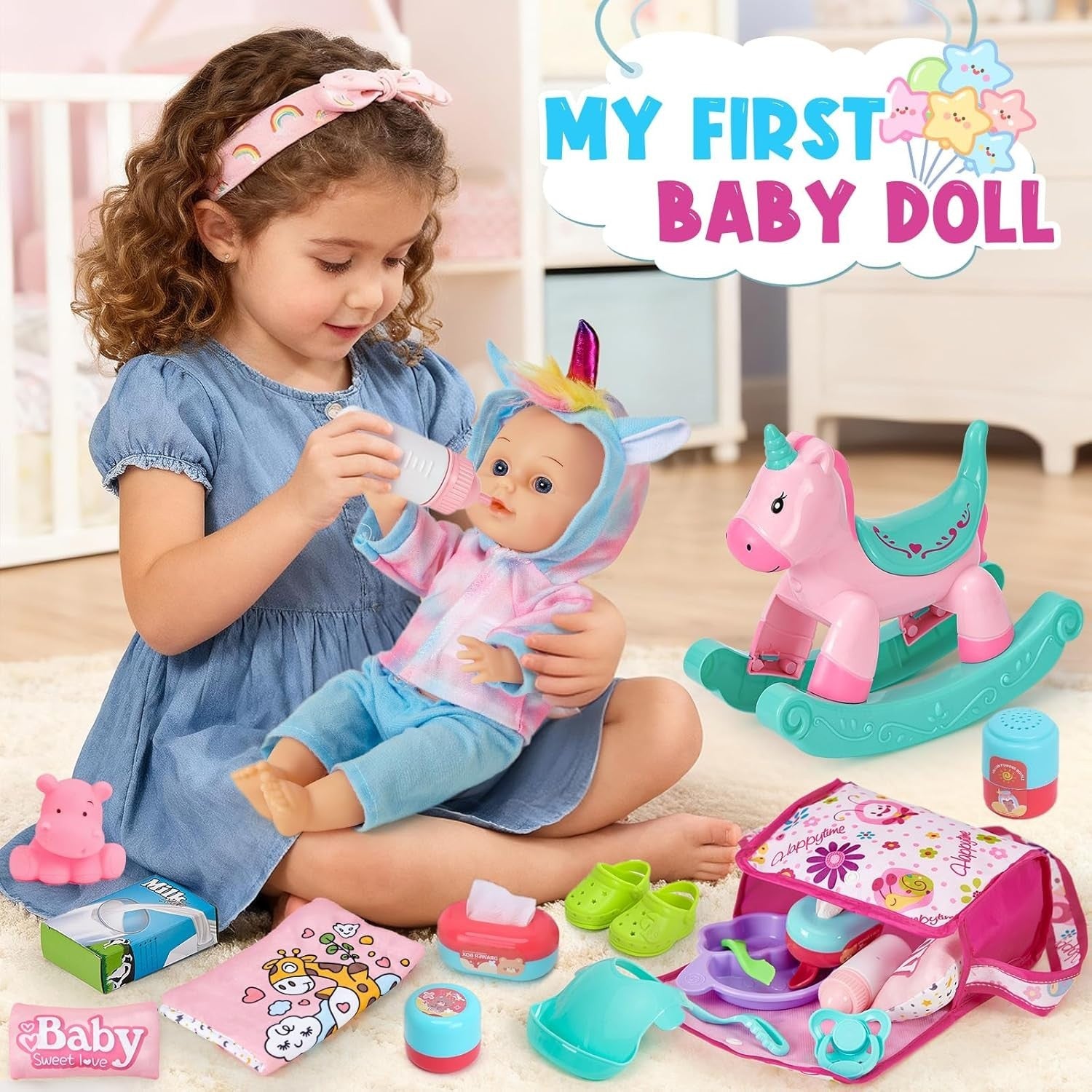 Baby Doll Playset w Stroller Rocking Horse Clothes Feeding Accessories