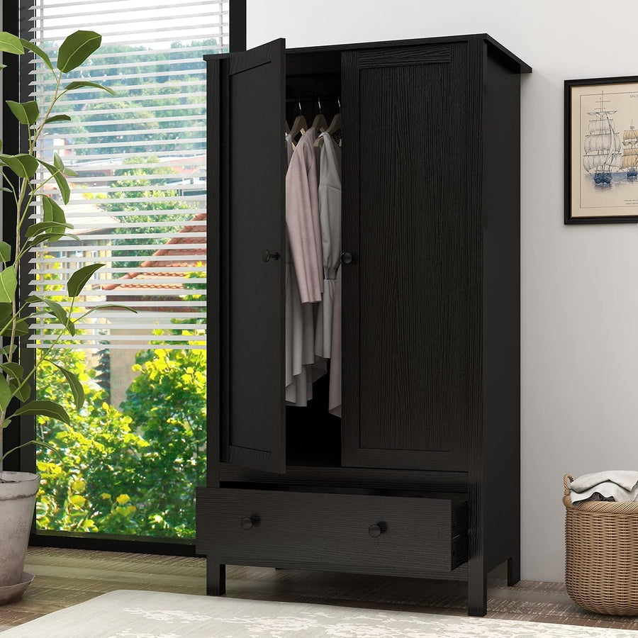 2 Door Wardrobe with Drawer & Storage Shelf – Modern Black Engineered Wood