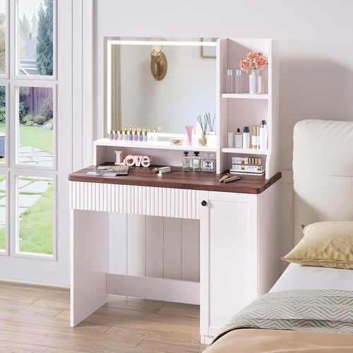 Vanity Dressing Table Desk w/LED Mirror Modern Beige Makeup Dresser Storage