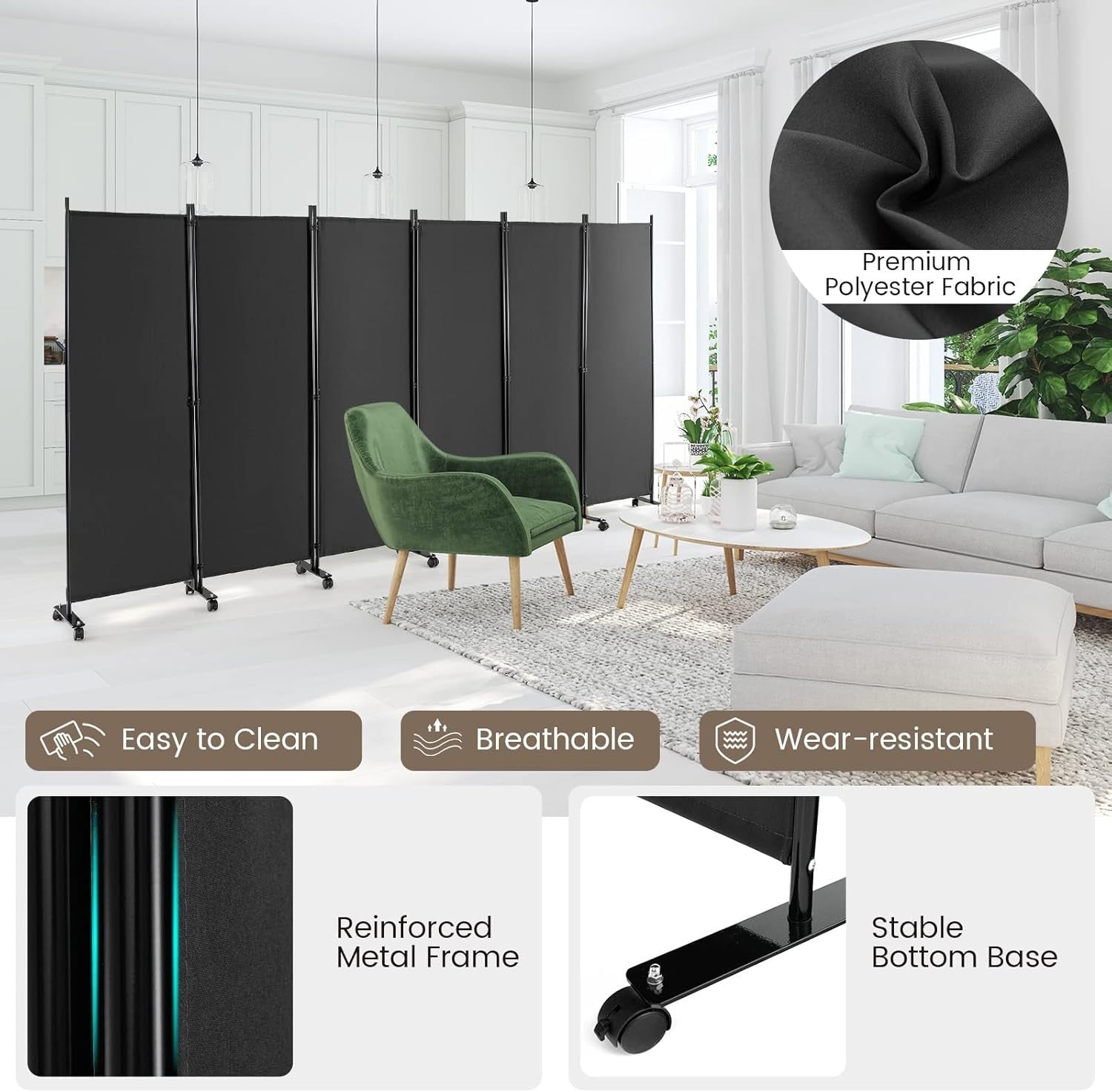 6 Panel Grey Folding Room Divider Privacy Screen Metal Frame 335x172cm