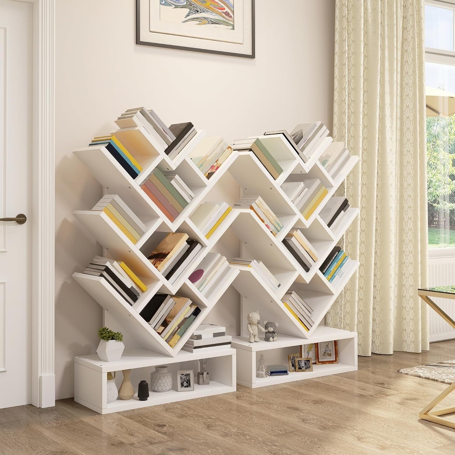 White Tree Bookshelf | 8-Tier Modern Vertical Bookcase for Living Room & Home