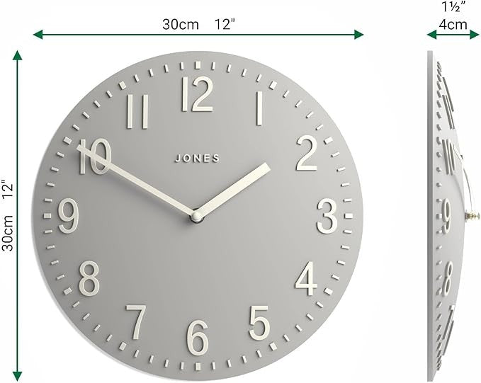 30cm Pale Grey Wall Clock Modern Convex Silent Design Easy-Read Home Decor