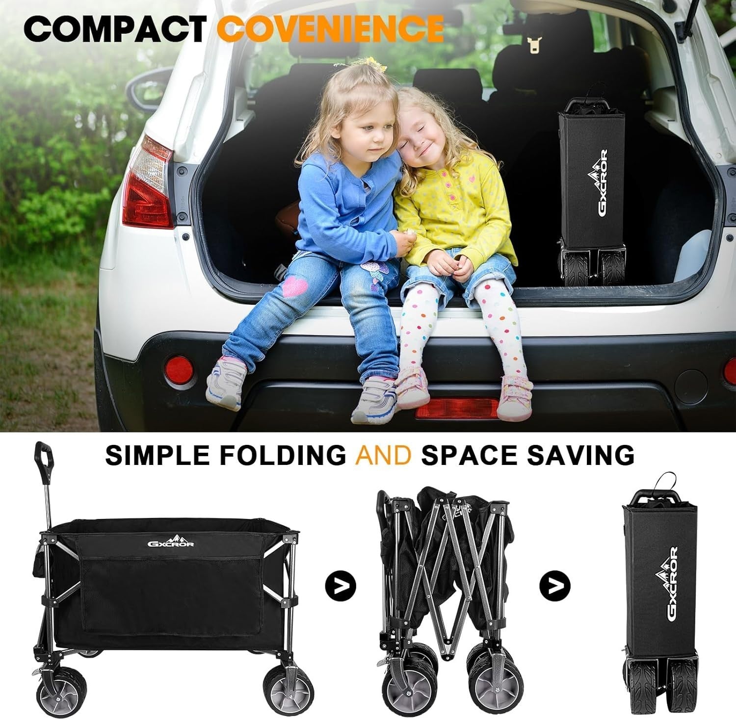 Black 200L Heavy Duty Folding Wagon 150kg Trolley Cart w/ Big Wheels & Brakes
