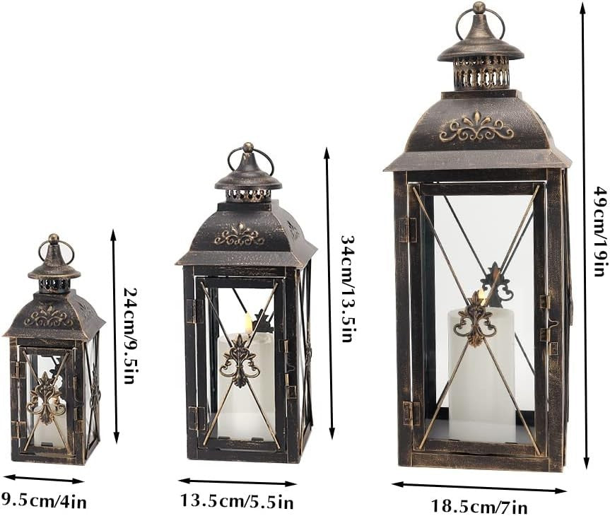 Black Gold Lantern Set of 3 Vintage Metal Candle Holders
