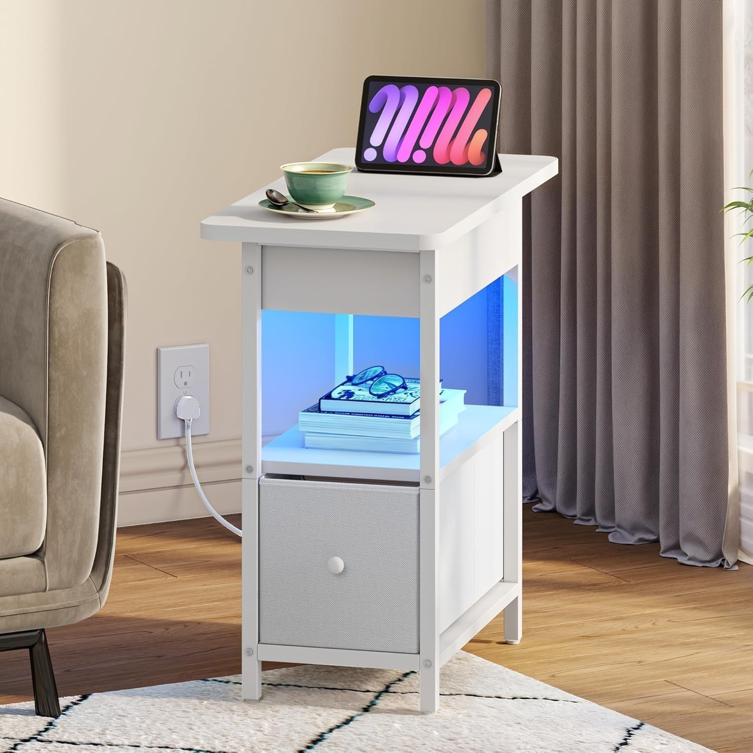 Set of 2 Smart LED Bedside Tables with USB Charging | Slim White Nightstands