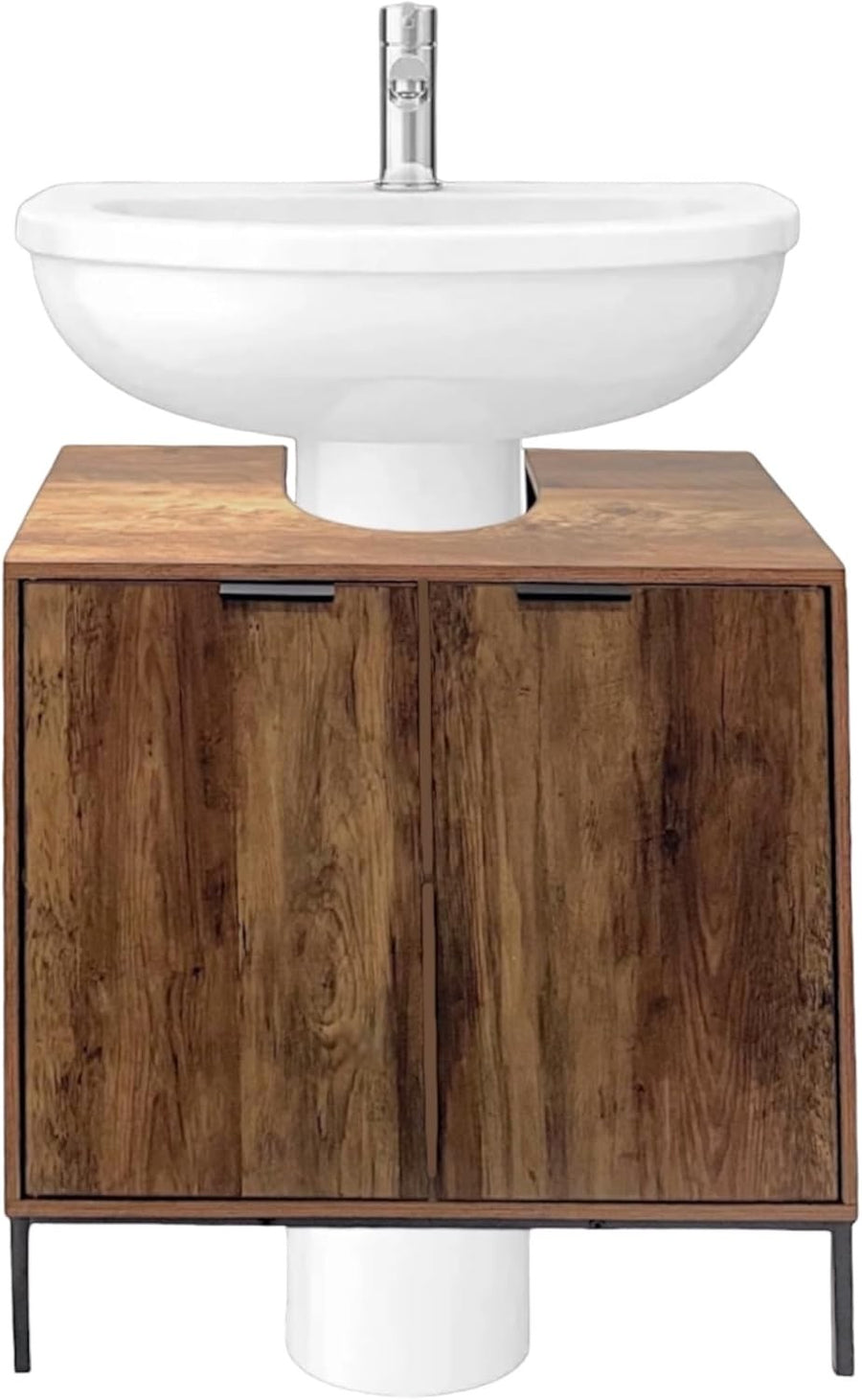 Rustic Oak Under Sink Bathroom Cabinet with Double Doors & Storage Shelf