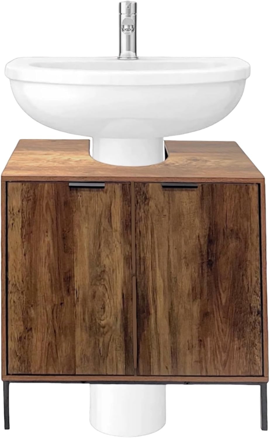 Rustic Oak Under Sink Bathroom Cabinet with Double Doors & Storage Shelf