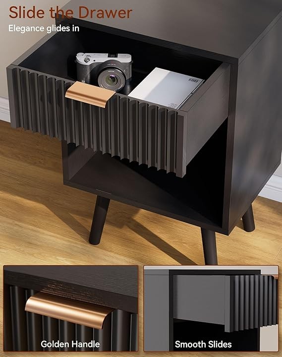 Black Mid Century Bedside Table, Fluted Nightstand with Drawer & Shelf, Solid