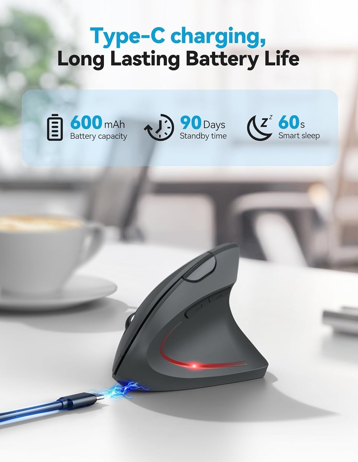 Vertical Ergonomic Mouse Bluetooth Rechargeable 4800 DPI Grey