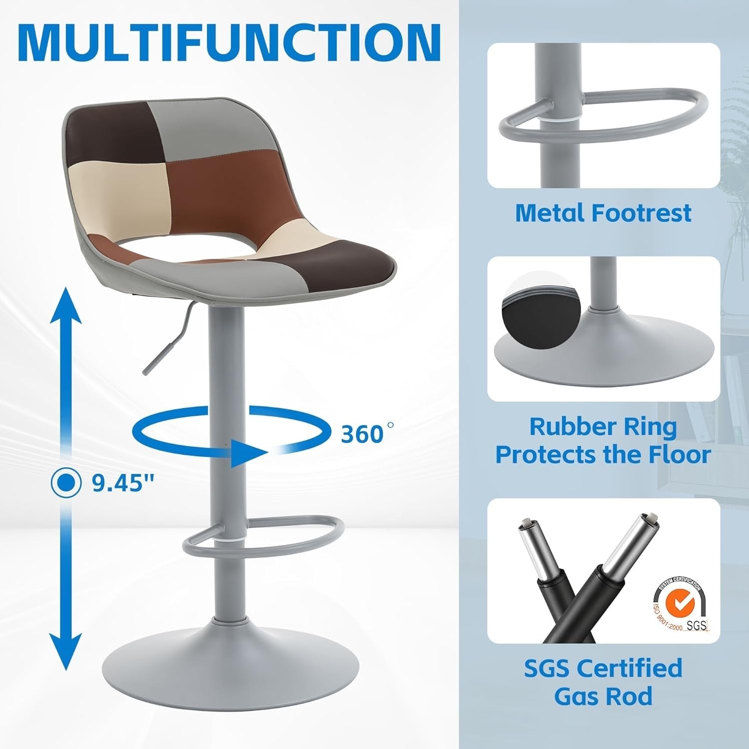 Adjustable Swivel Bar Stools 2pcs Faux Leather Counter Kitchen Chairs grey beig