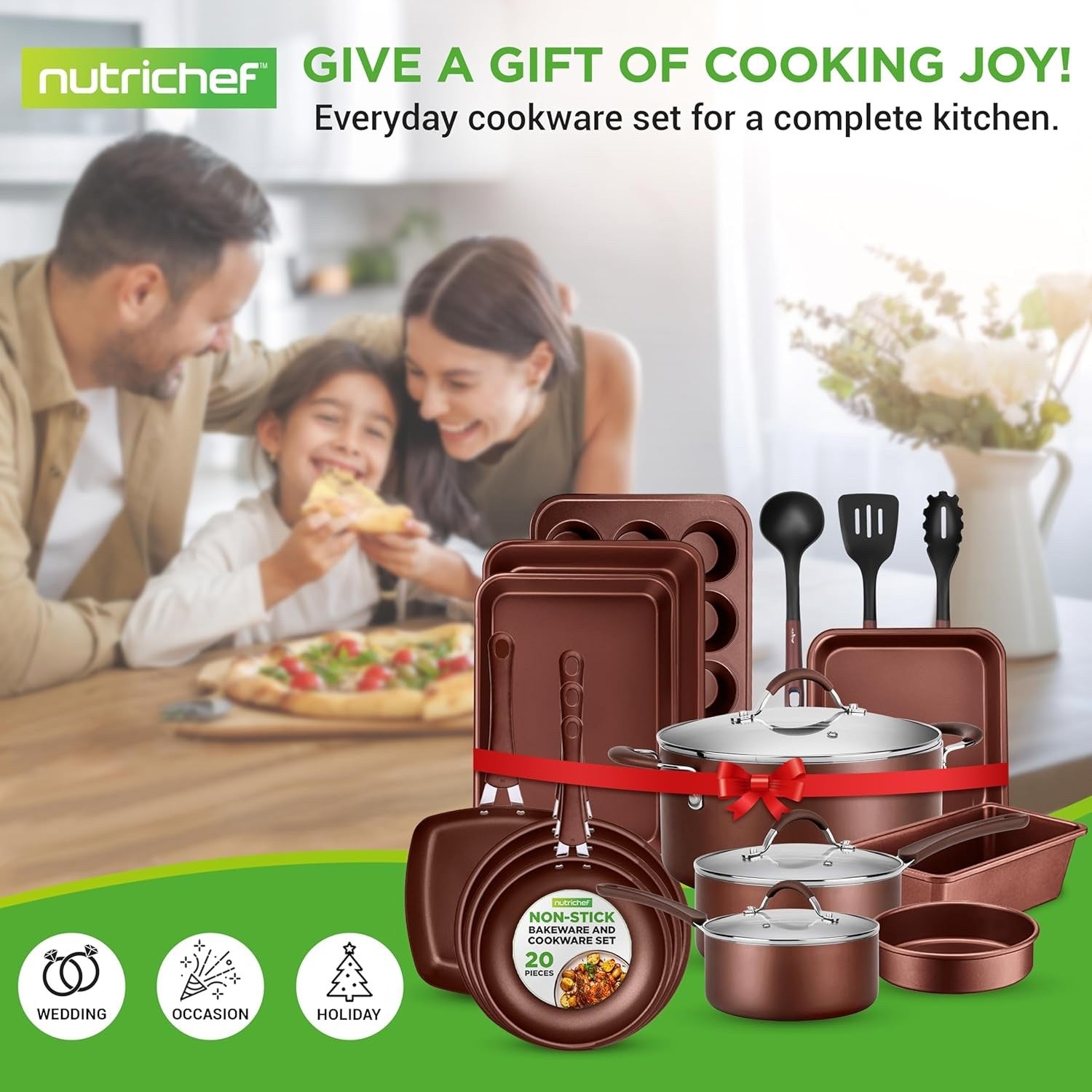 20pcs Brown Non Stick Cookware & Bakeware Set Induction Safe Pots Pans with Lids