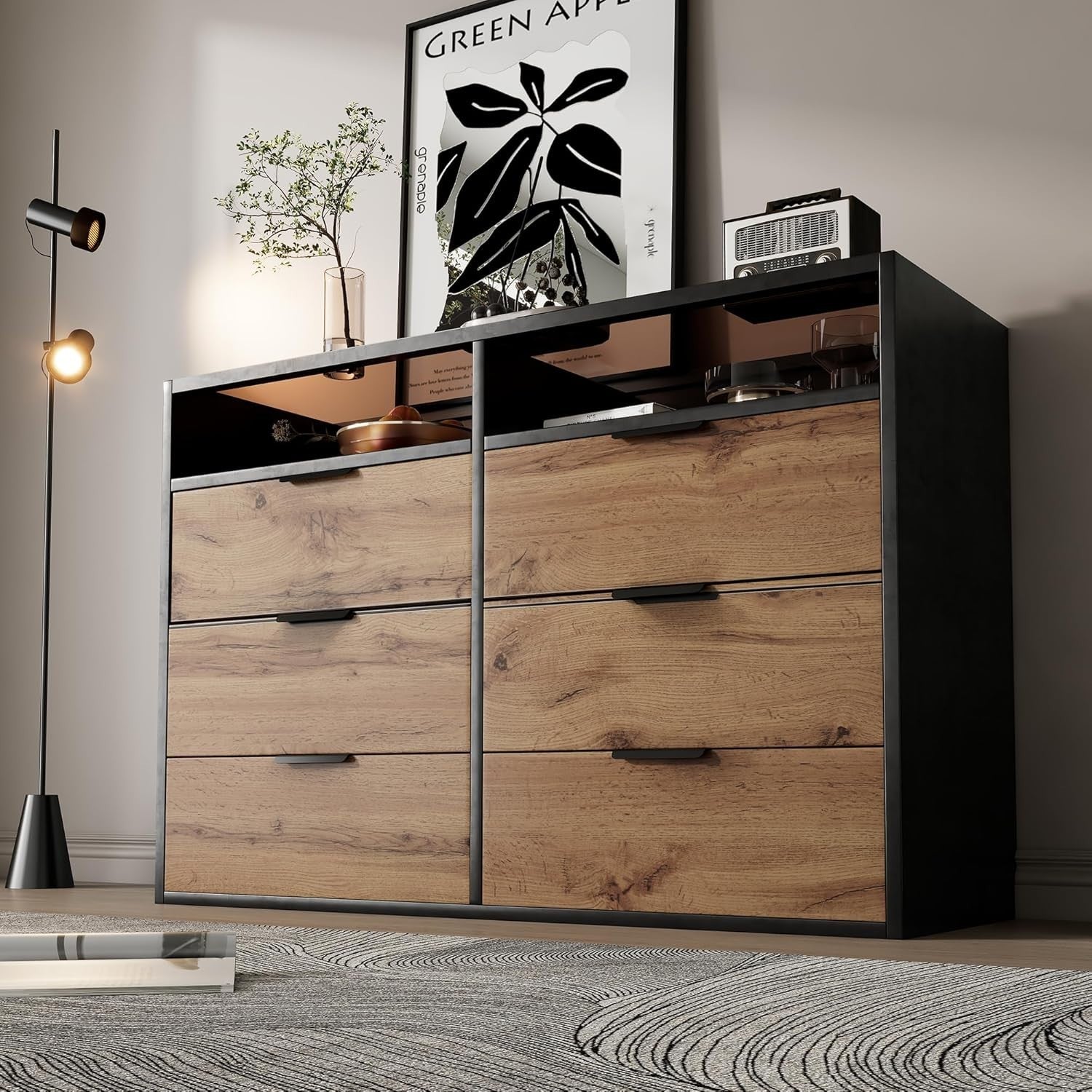 Oak Sideboard Cabinet 6 Drawers 2 Open Shelves 120x40x80cm Anti-Tip