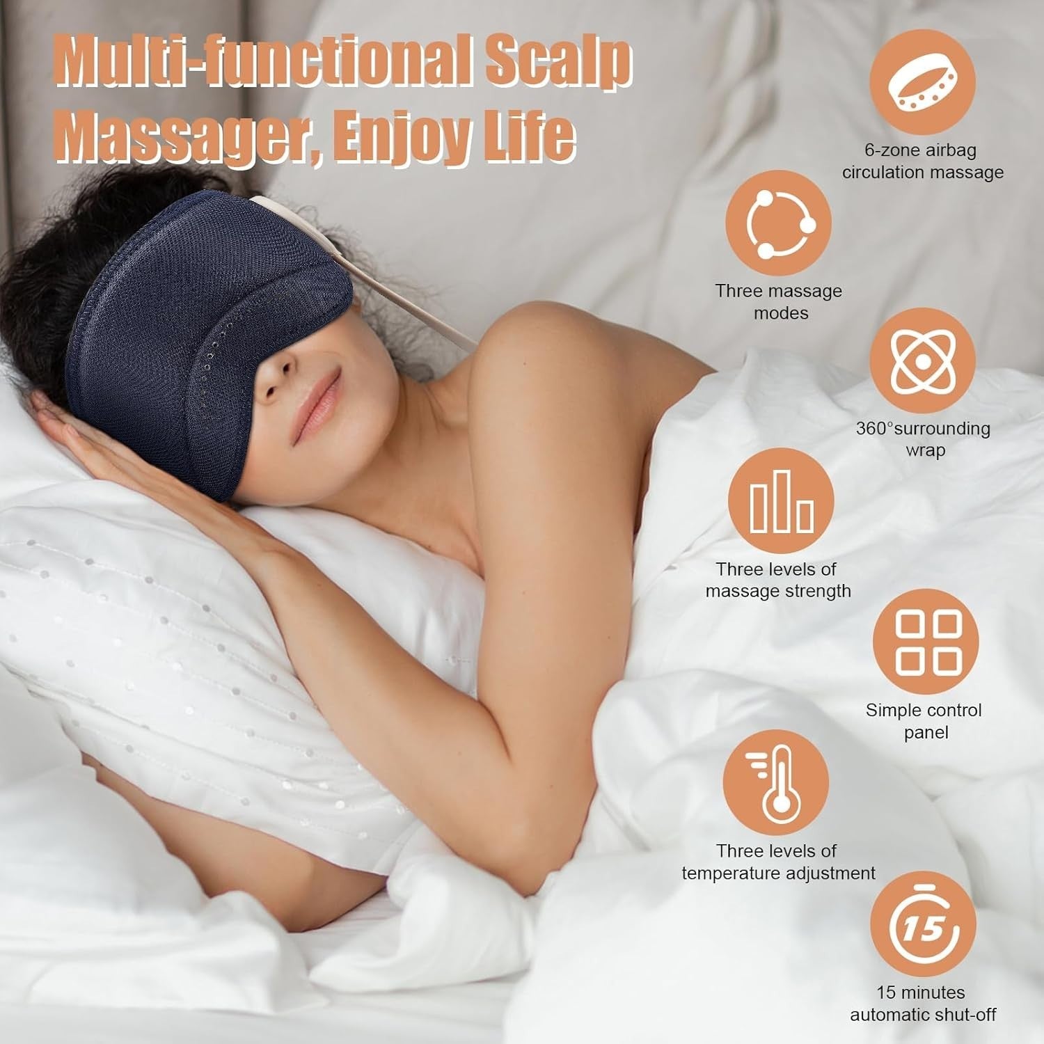 Heated Migraine Relief Head Massager Cap 360° Air Compression Sleep Aid