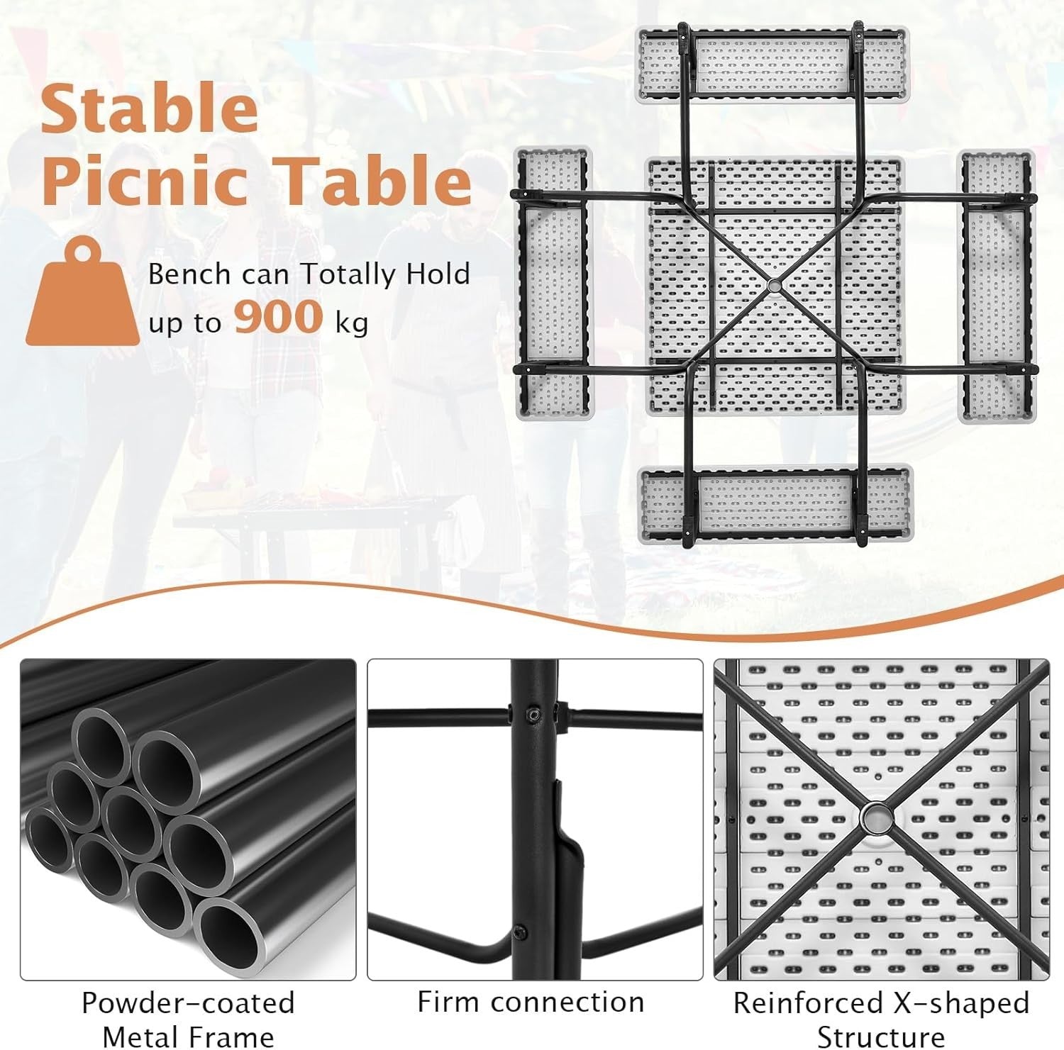 8 Seater Outdoor Picnic Table Set with Benches & Umbrella Hole – White