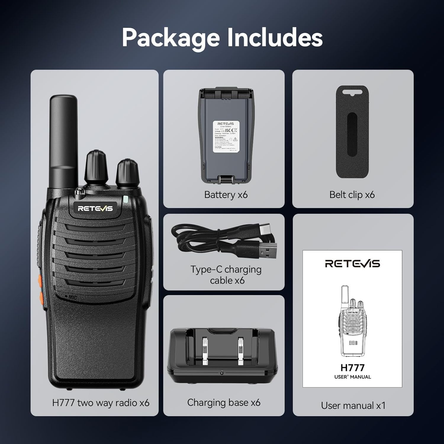 Walkie Talkies 6 Pack Long Range VOX Rechargeable Two Way Radio Set