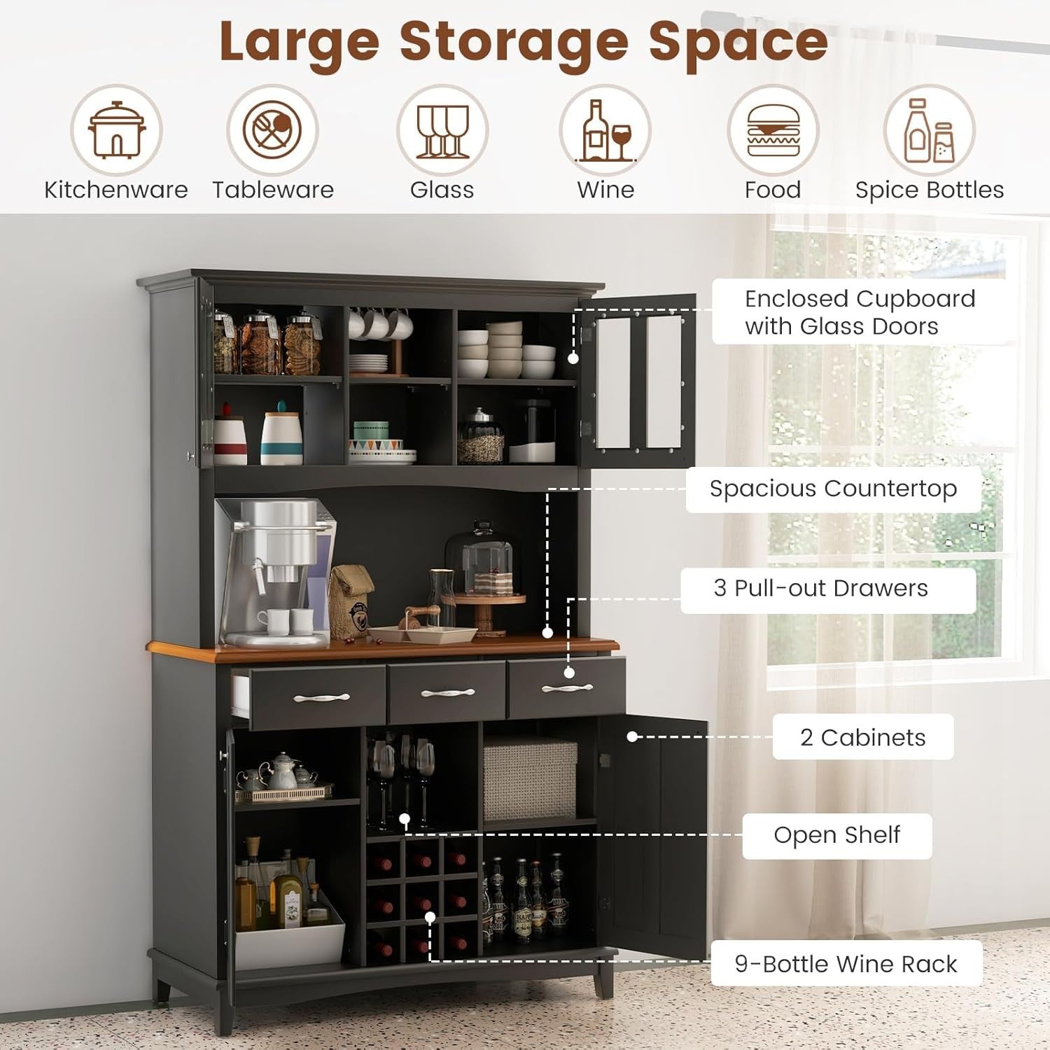 Black Kitchen Sideboard 185cm Storage Cabinet Wine Rack Drawers Glass Doors
