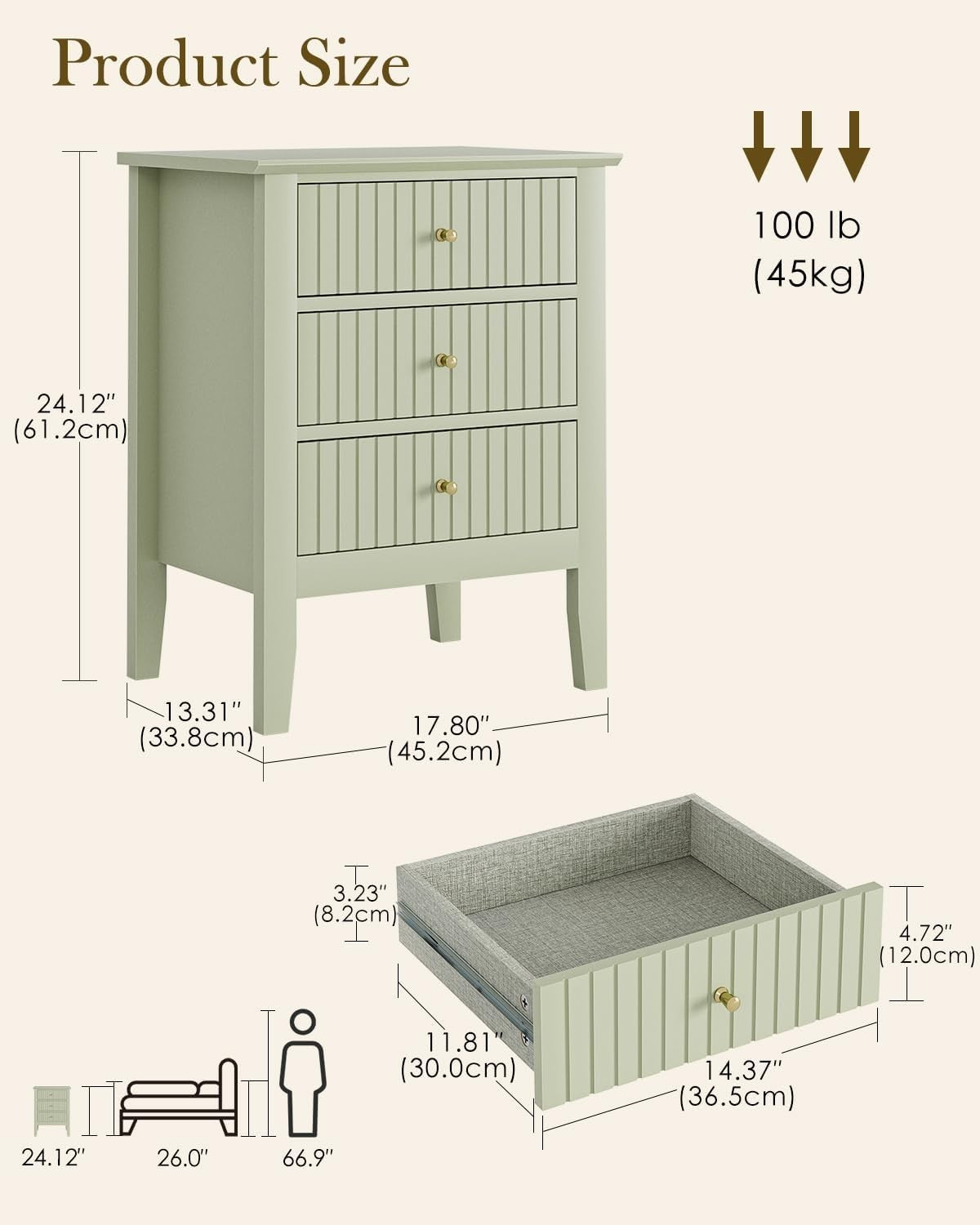 Modern Green Bedside Table with 3 Drawers Wooden Nightstand Bedroom Storage