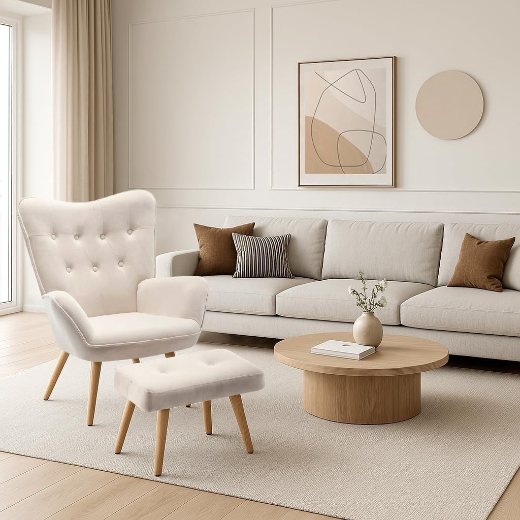White Velvet Armchair with Footstool, Comfy Reading Lounge Chair Set
