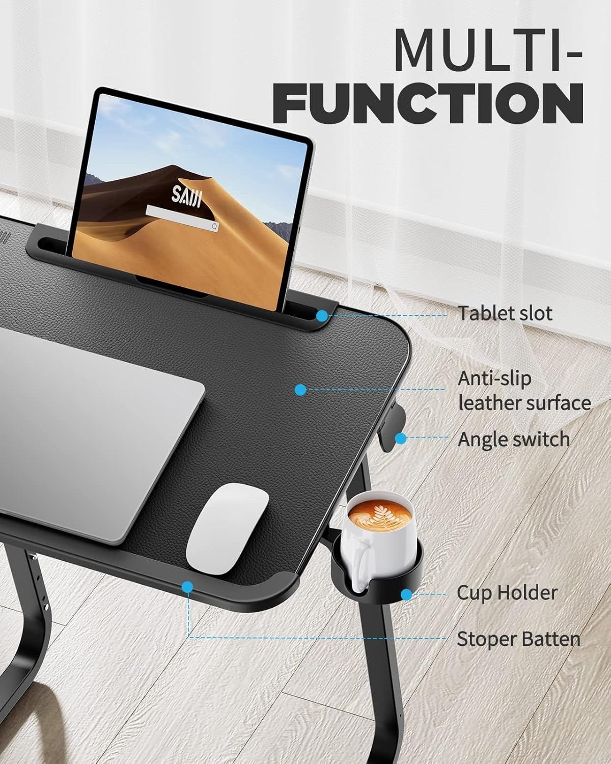 Overbed Laptop Table Sofa Desk Adjustable Angle C Shape Tray with Cup Holder