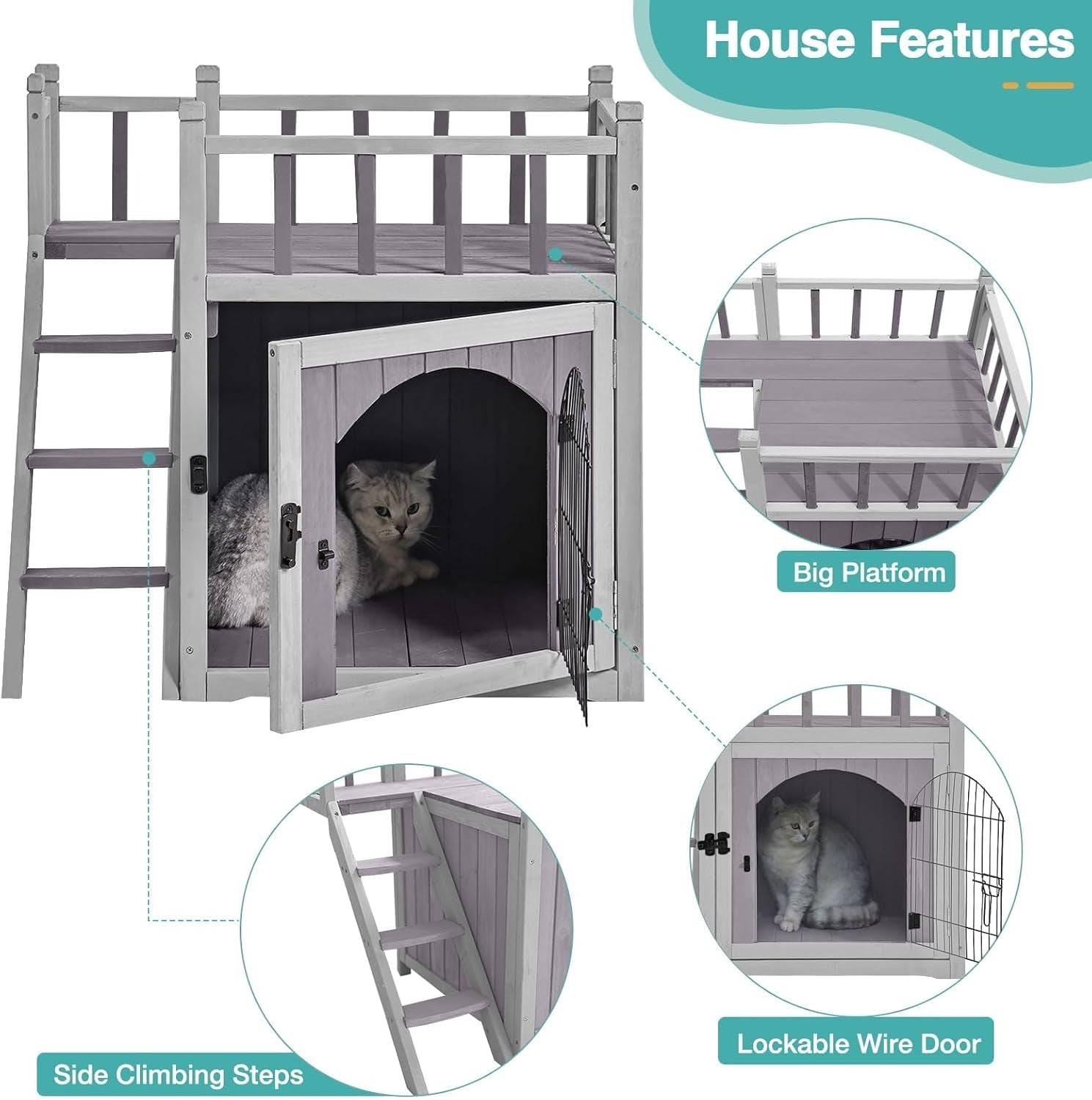 Weatherproof 2-Story Outdoor Wooden Cat & Small Dog House with Balcony