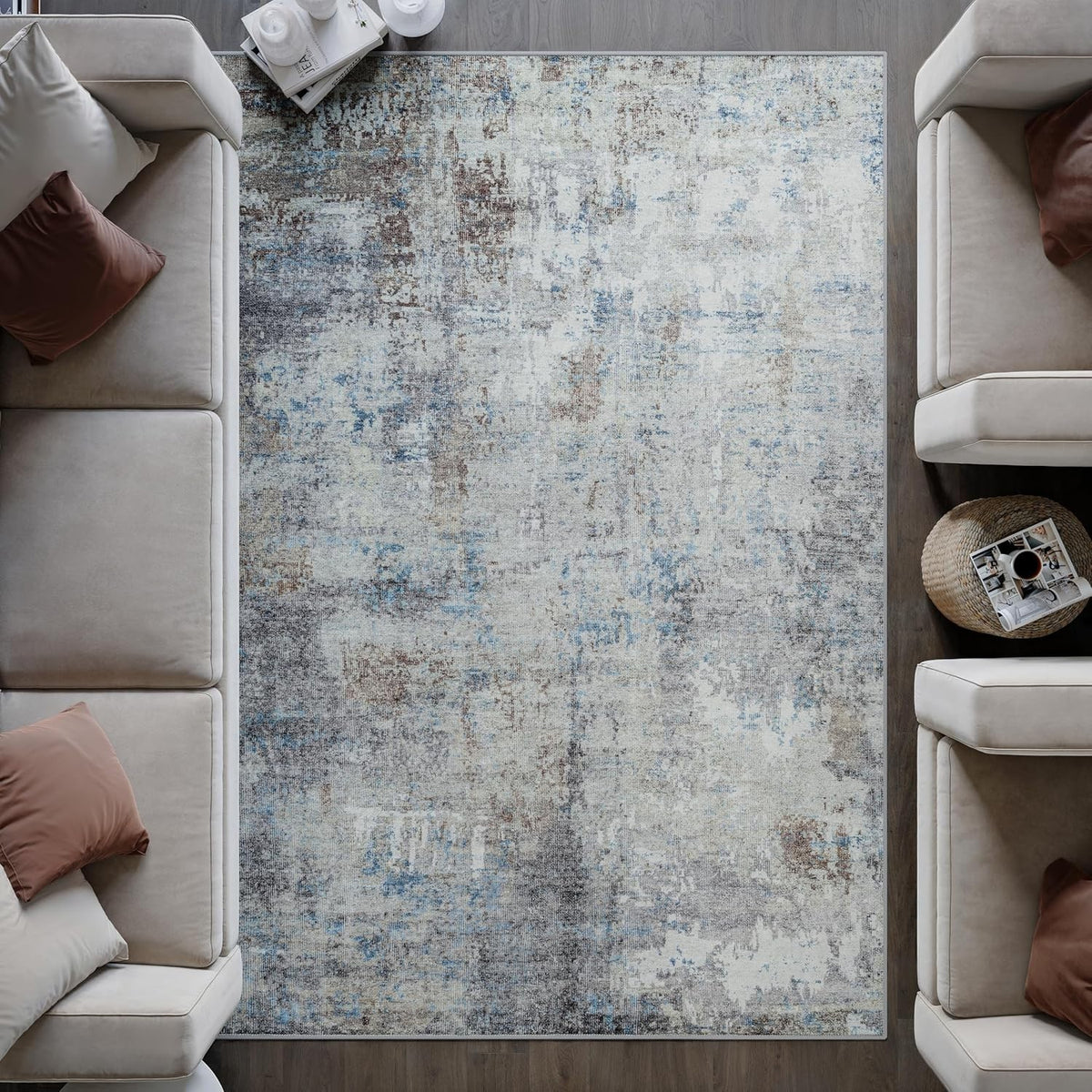 Washable Rug 200x290cm Non-Slip Vintage Blue Brown Soft Area Carpet Living Room