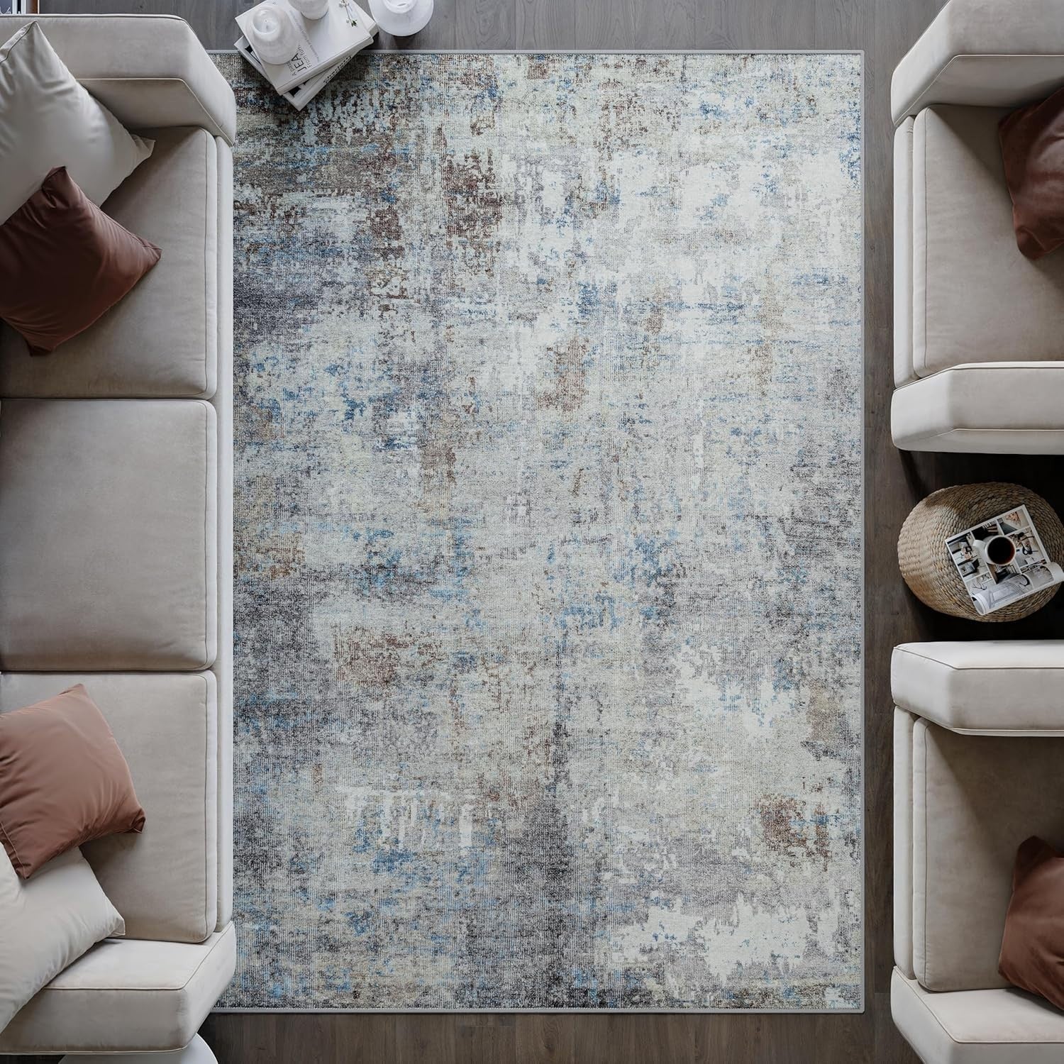 Washable Rug 200x290cm Non-Slip Vintage Blue Brown Soft Area Carpet Living Room