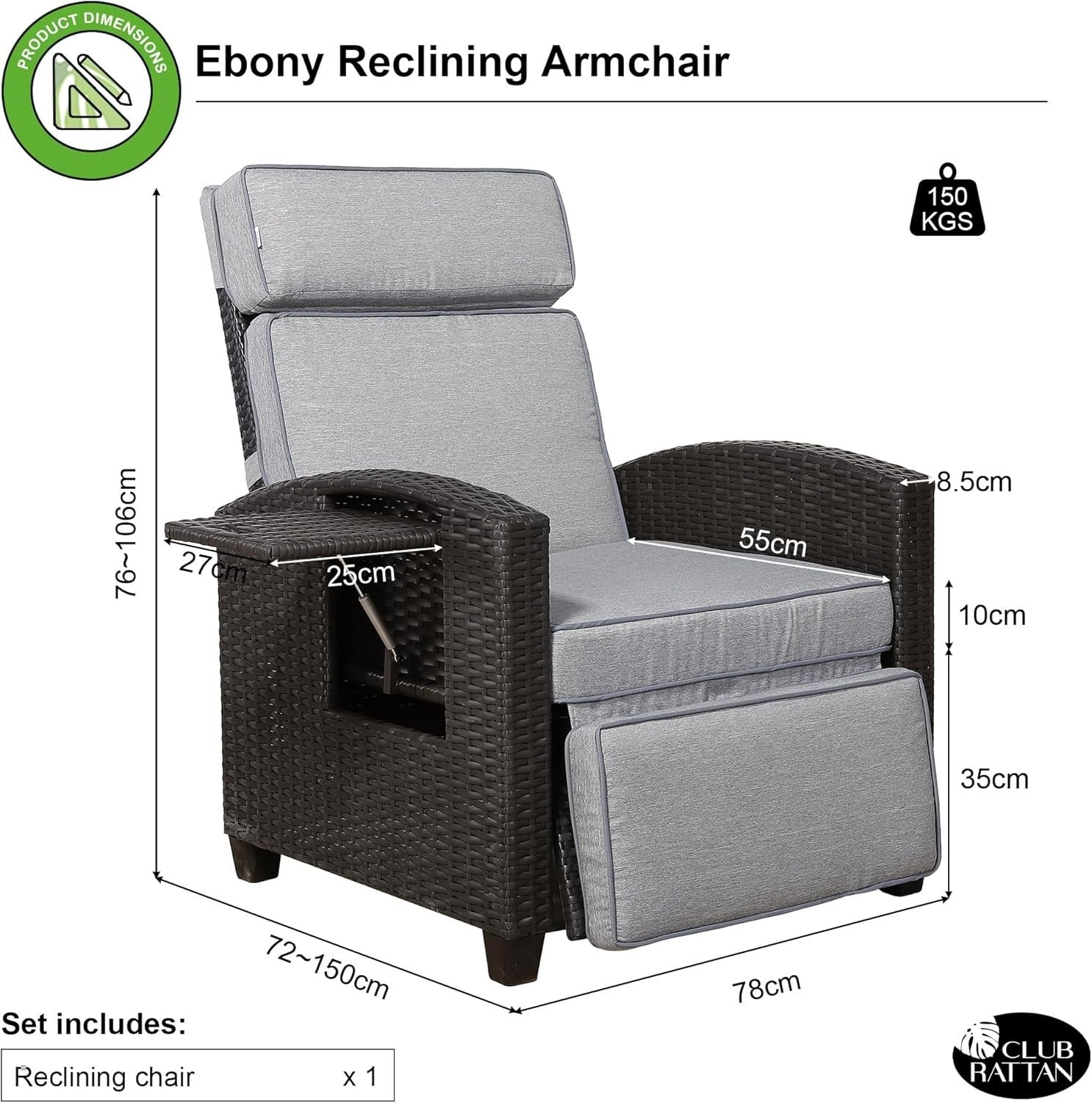 Outdoor Rattan Recliner Chair with Side Table Adjustable Headrest Patio Lounger