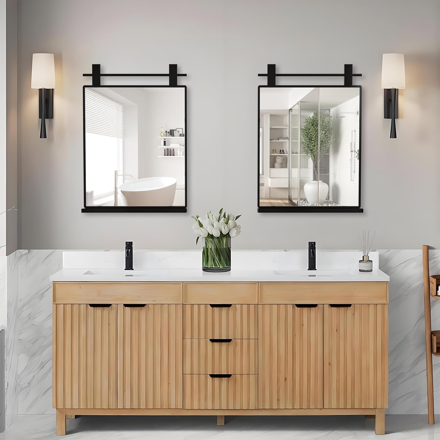 Modern Black Wall Mirror w/ Shelf 72x50cm – Bathroom Vanity, Entryway