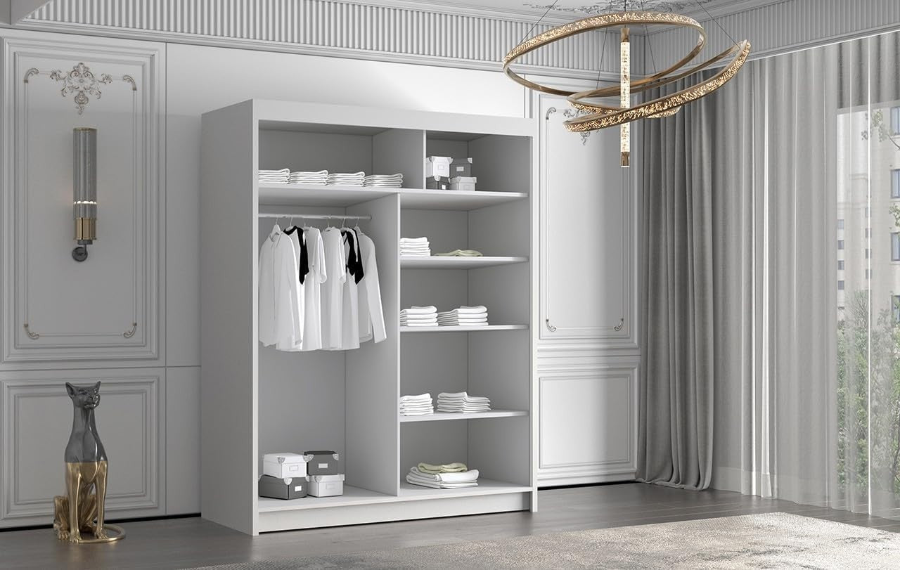 Modern Sliding Mirror Wardrobe 150cm White Storage Closet Bedroom