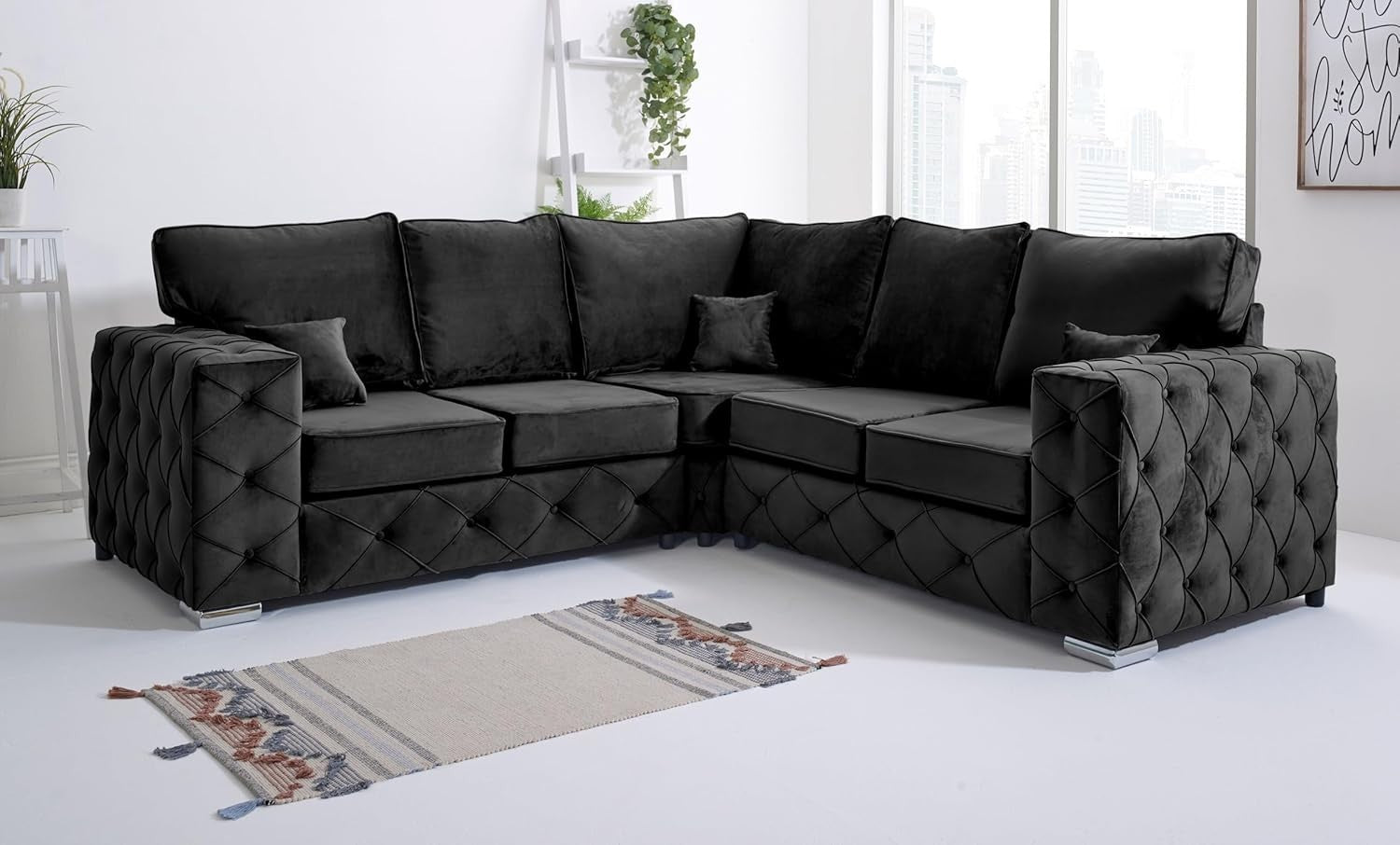 Luxury Black Plush Velvet Corner Sofa L-Shaped 5 Seater Foam Cushions