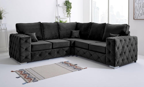 Luxury Black Plush Velvet Corner Sofa L-Shaped 5 Seater Foam Cushions