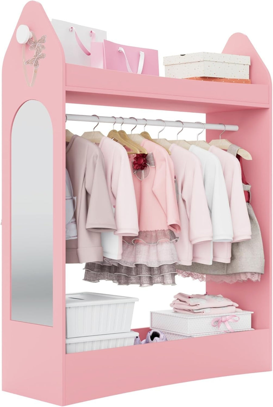 Kids Wardrobe with Mirror & Hanging Rail, Open Storage, Pink Rocket Design