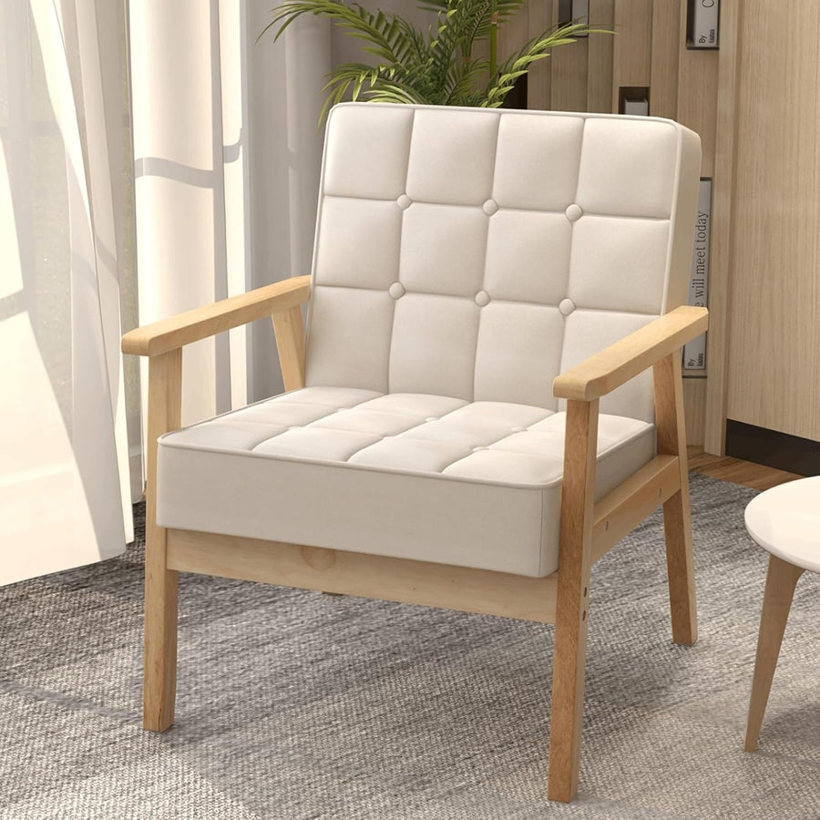 Beige Fabric Armchair Wooden Frame Tufted Lounge Chair Living Room