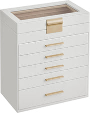 Cloud White Gold Glass Lid Jewellery Box 6 Layer Storage with 5 Drawers