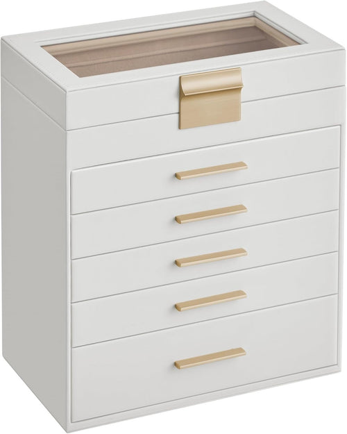 Cloud White Gold Glass Lid Jewellery Box 6 Layer Storage with 5 Drawers